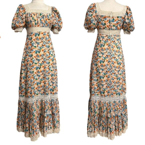 70s vintage puff sleeve cottage dress victorian prairie maxi pleats floral lace. - Picture 4 of 8